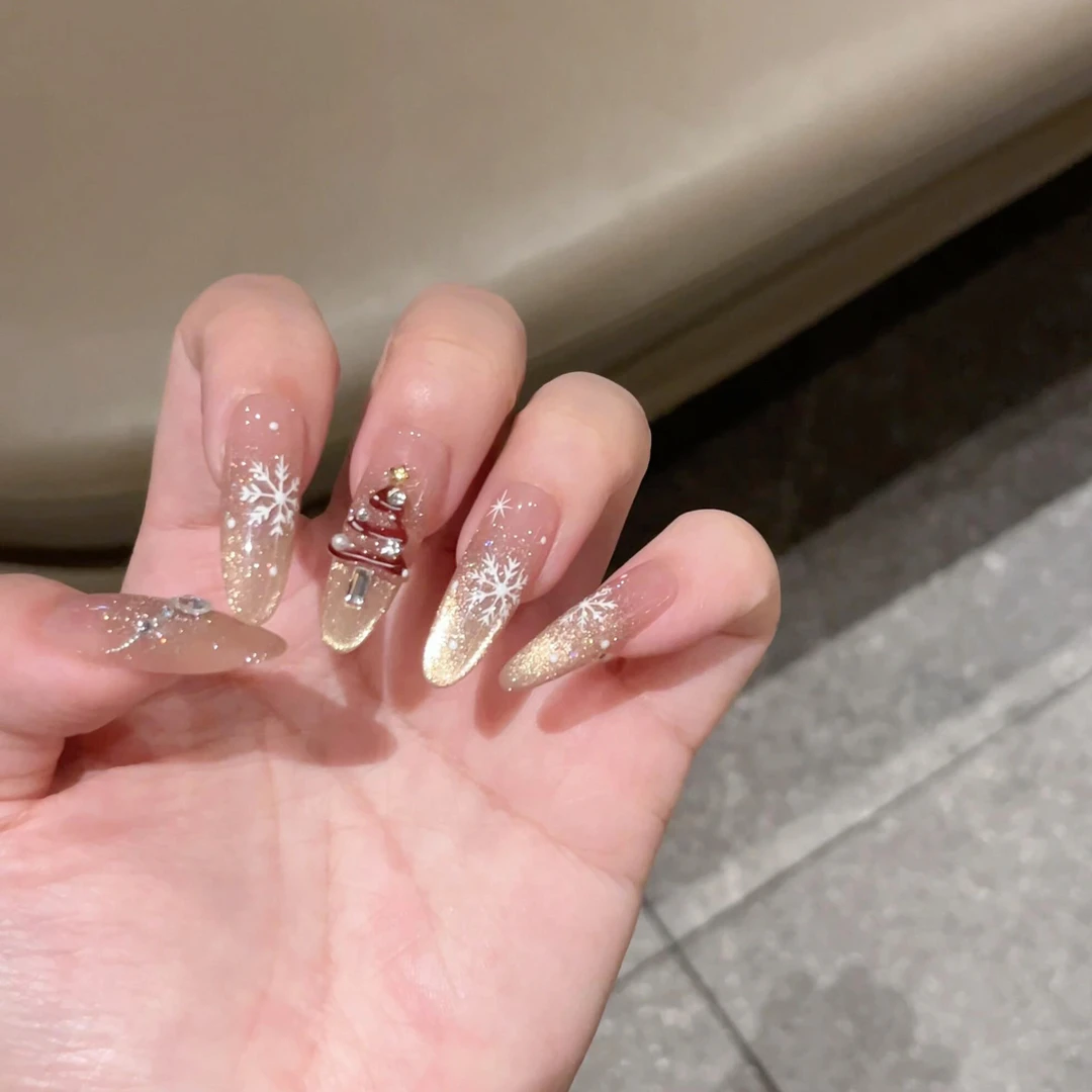 FairyNail梦幻雪松 28长椭圆 爆闪碎钻猫眼圣诞美甲纯手工穿戴甲