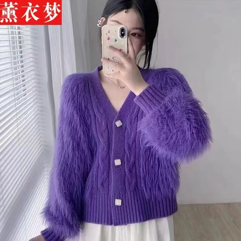 灯笼袖纯色新款洋气仿水貂毛慵懒风V领单排扣宽松针织外套毛衣潮