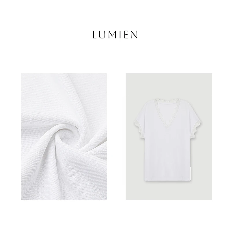 【LUMIEN】松弛感蕾丝V领设计感小众休闲短袖T恤上衣女HH5ATT009