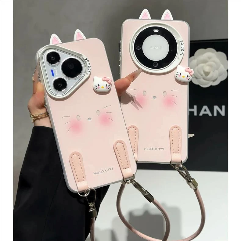 适用苹果15/16简约线条kitty挂绳壳华为pura80pro可爱小米/vivo