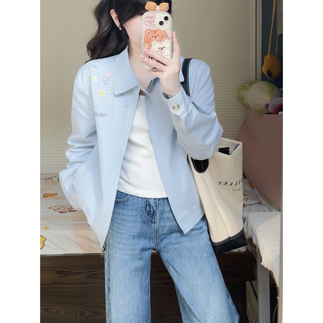 秋季新款翻领刺绣夹克外套女款秋季新款复古宽松设计感棒球服上衣