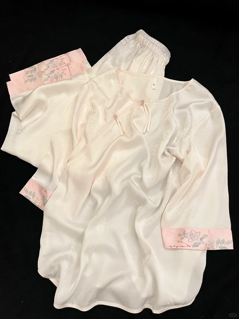 新中式中国风女士冰丝春夏季提花复古七分袖家居服可外穿薄款宽松