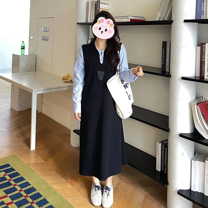 韩系学院拼接假两件衬衫连衣裙女秋季新款宽松显瘦气质中长款裙子