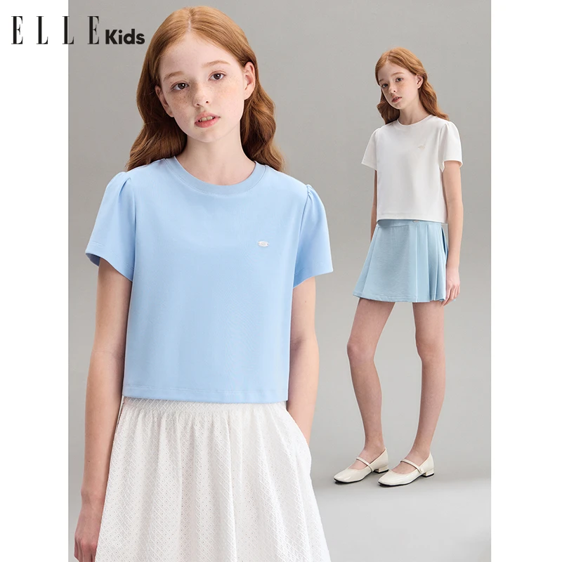 ELLE KIDS童装 法式学院女儿童夏季甜美泡泡袖正肩短袖套头上衣X4