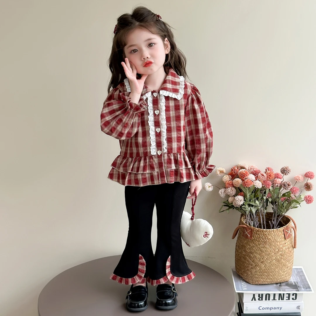 女童套装春秋新款小女孩洋气格子衬衫喇叭裤两件套女宝宝秋装时髦