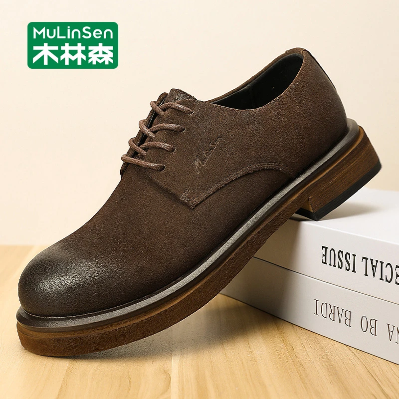 木林森男士皮鞋2025新款春秋复古商务户外休闲软底耐磨低帮工装鞋