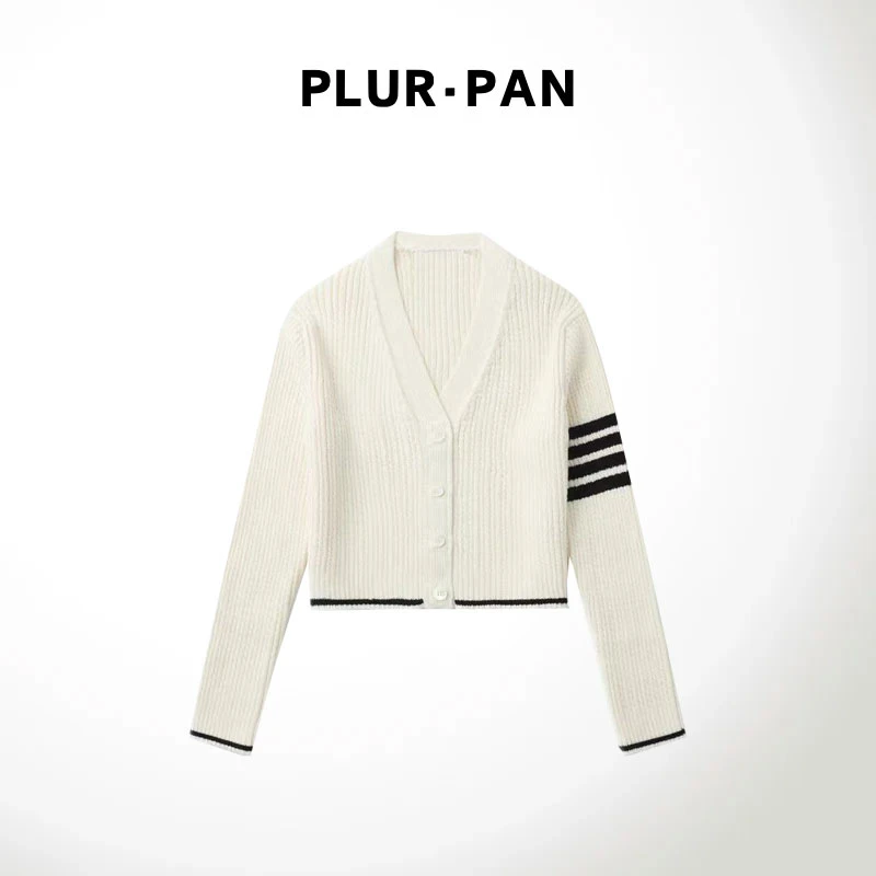 PLUR·PAN经典三色撞色V领四条纹长袖针织衫  222