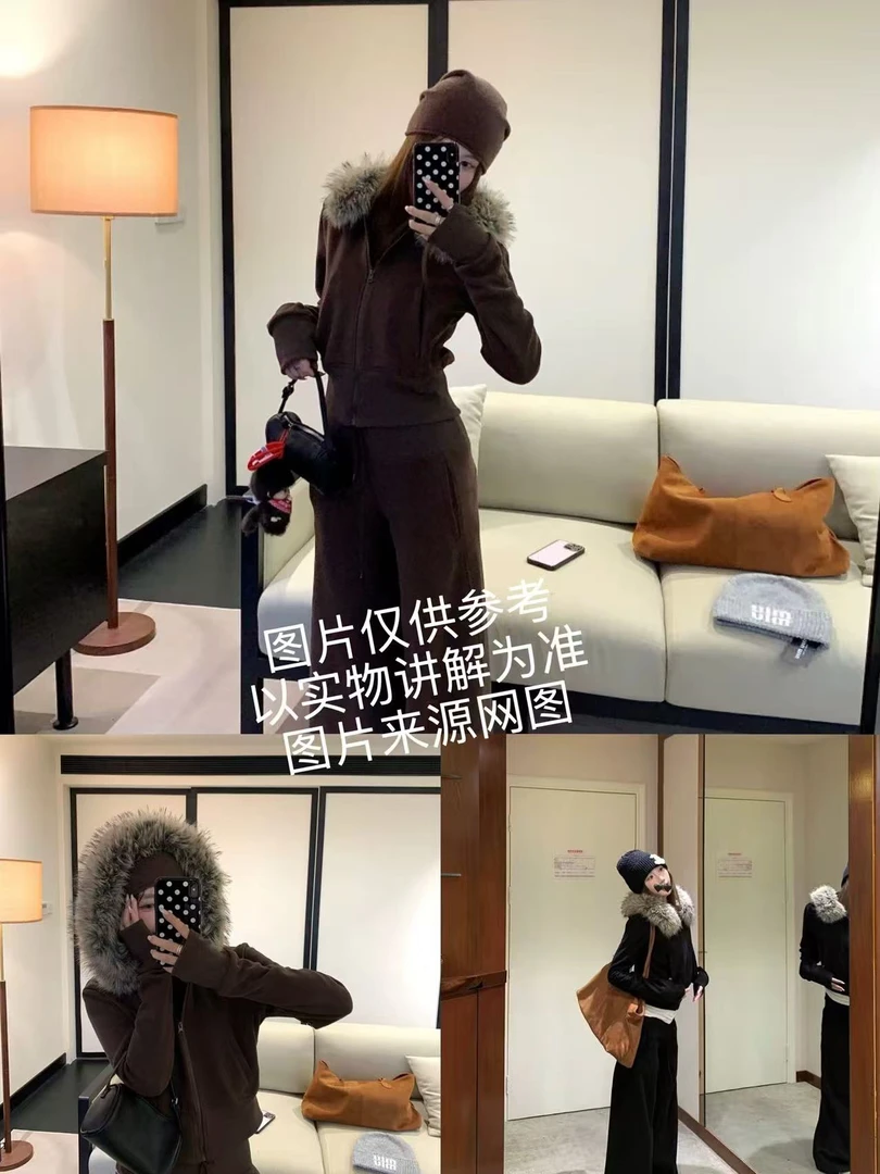 2025冬季新款大码女装美式环保大毛领连帽休闲运动套装