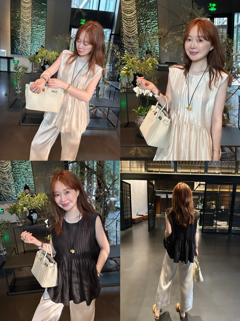 【BORAKOO】2色珠光感捏褶无袖娃娃衫