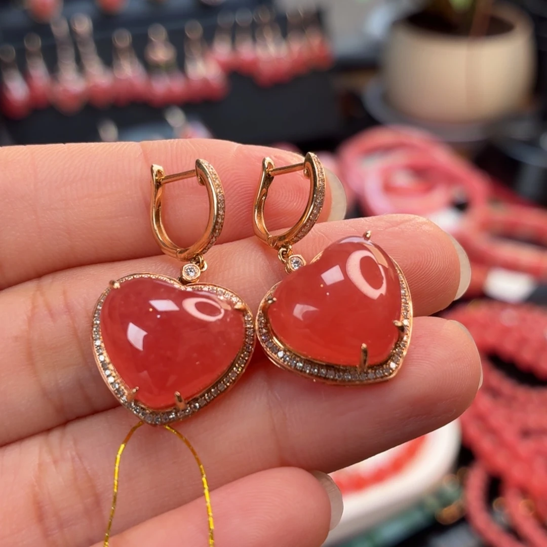 菱锰矿22K金镶嵌耳坠