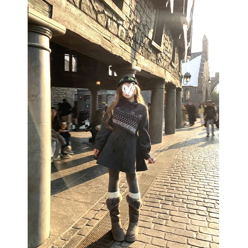 【费尔岛灰纪】气质毛织披肩+双排扣呢外套裙秋冬时尚套装