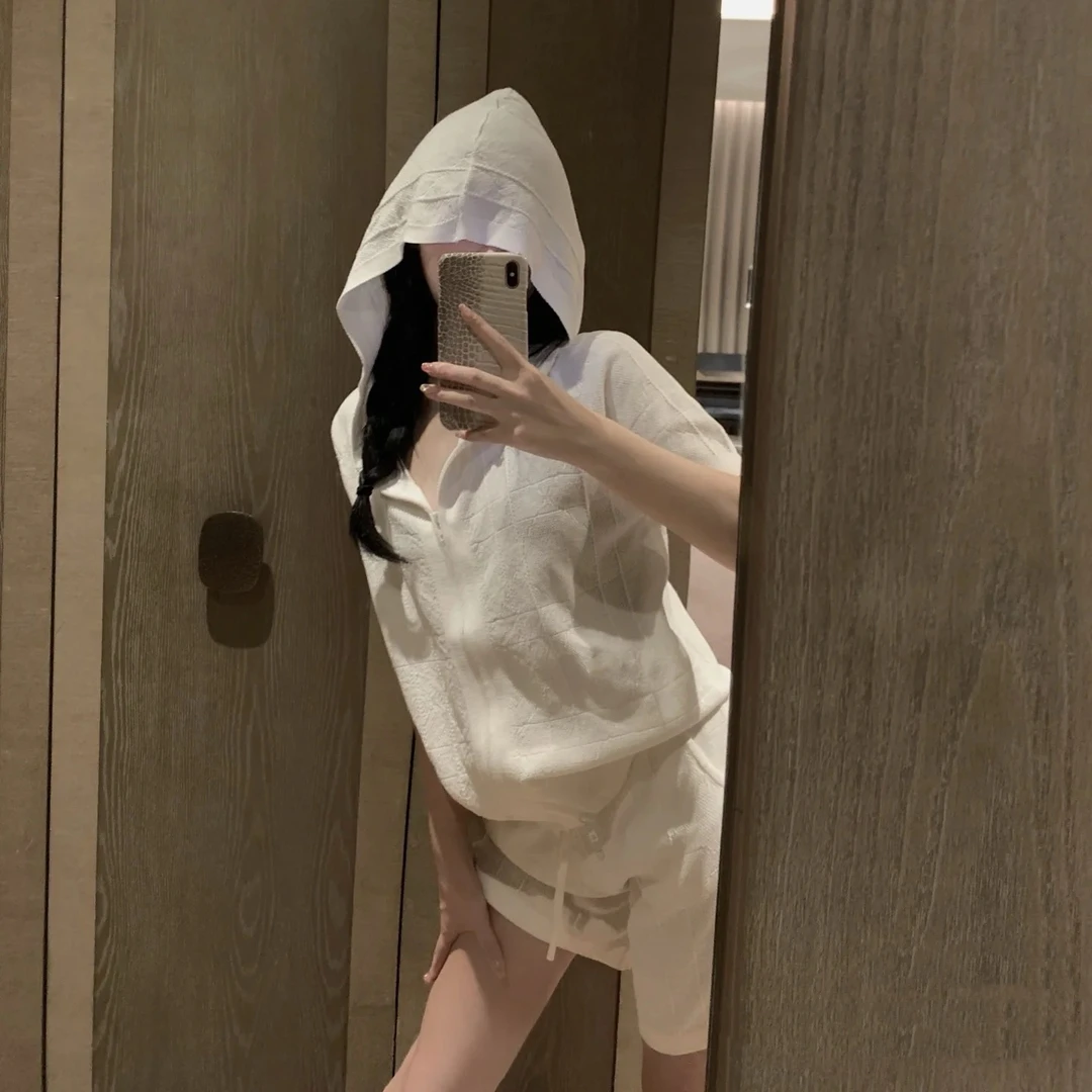 KUNGE夏季薄款白色休闲透气宽松运动连帽套装8185/8186