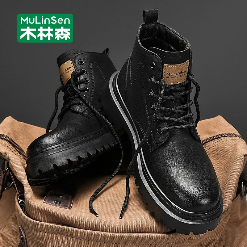 木林森马丁靴男款秋季高帮英伦风靴子男士户外登山潮流复古工装靴