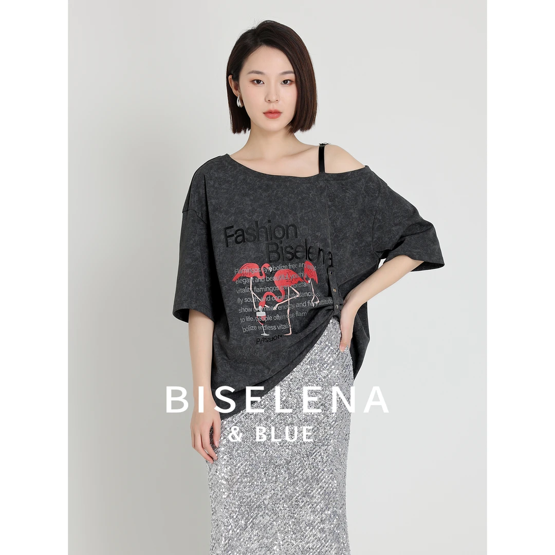 1372火烈鸟趣味印花斜肩露肩T恤上衣2025年夏商场同款