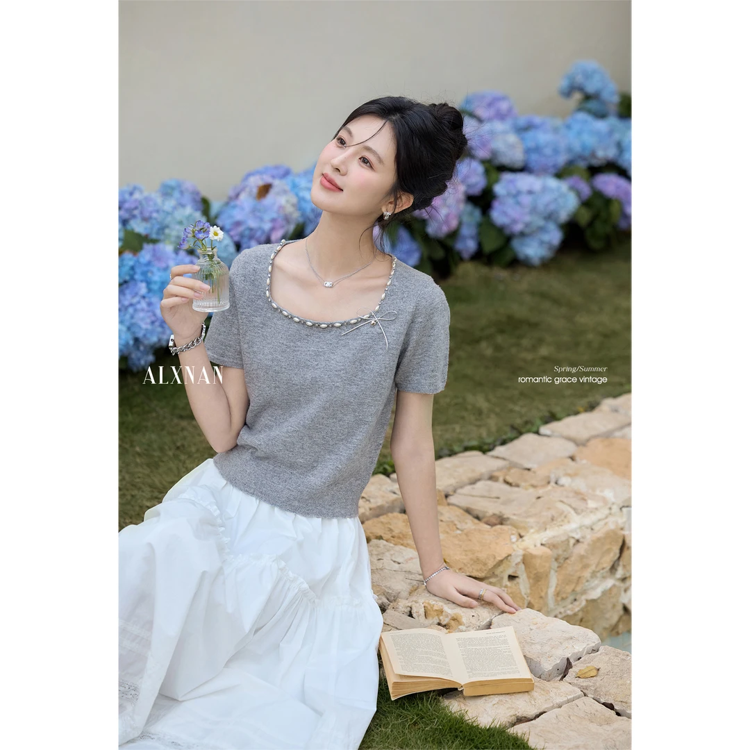 【粉丝福利】鹿向南「烂漫际遇」方领针织衫女夏季新款气质短袖L53622