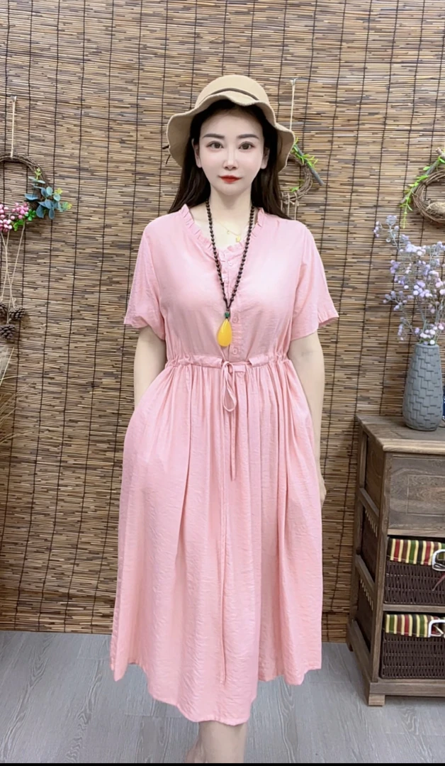 1068#夏季新款短袖圆领收腰宽松连衣裙休闲复古