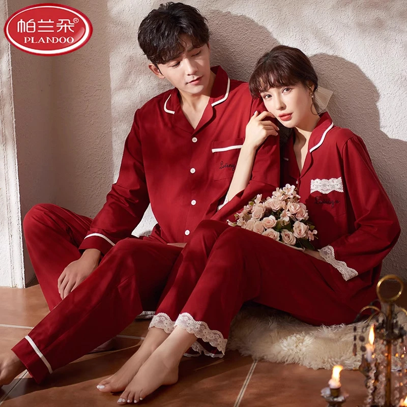 帕兰朵情侣睡衣新婚结婚长袖2025春秋季100%纯棉男女大红色本命年
