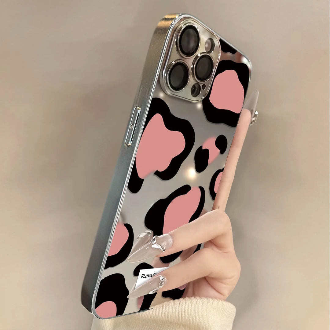 粉色豹纹适用17Air苹果16promax手机壳iphone15pro镜面14plus防摔