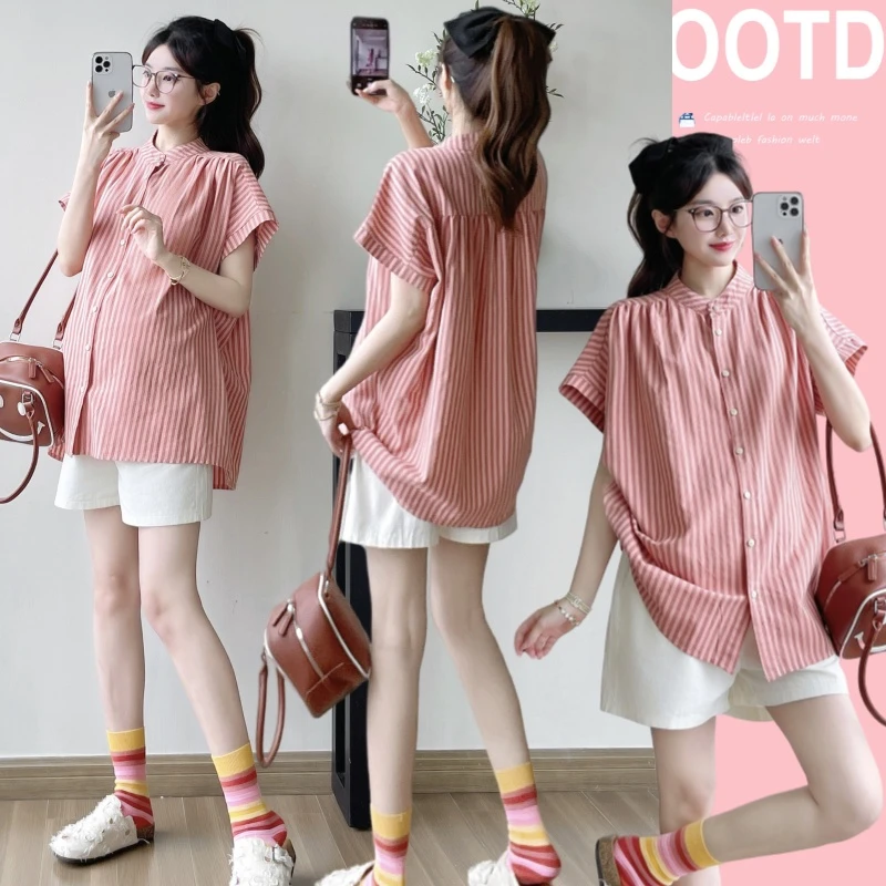 2026夏季新款孕妇装T恤大码显瘦上衣外穿休闲百搭红色格子衬衫