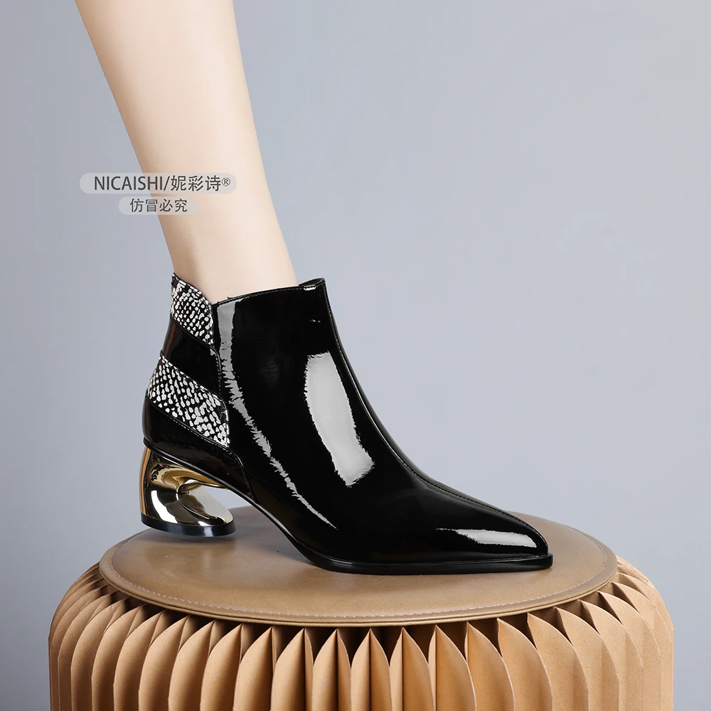 2024年新款欧美中跟及踝靴子女短靴尖头拼接丁靴时尚加绒靴子0364