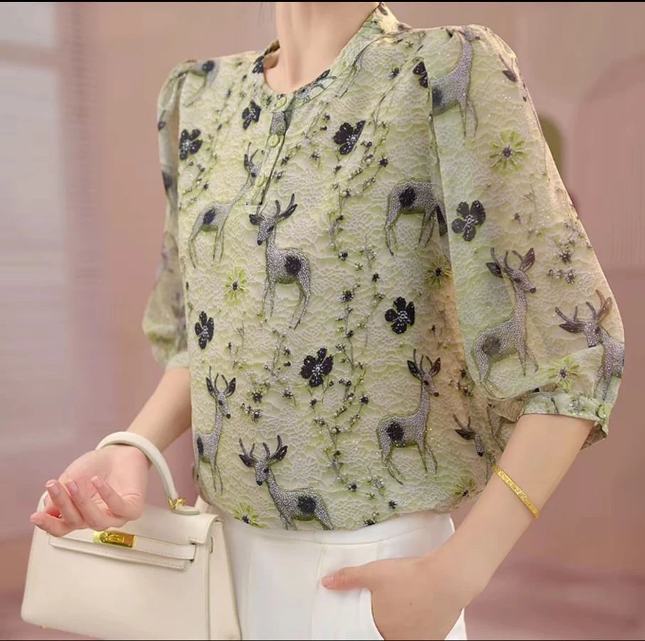 X8836新款碎花衬衫气质复古减龄宽松遮肚显瘦百搭七分袖上衣女