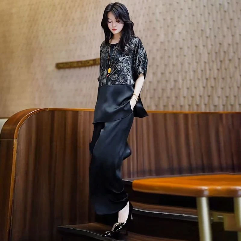 H夏季舒适时髦女装轻奢两件套大码200斤遮肚显瘦上衣搭阔腿裤套装