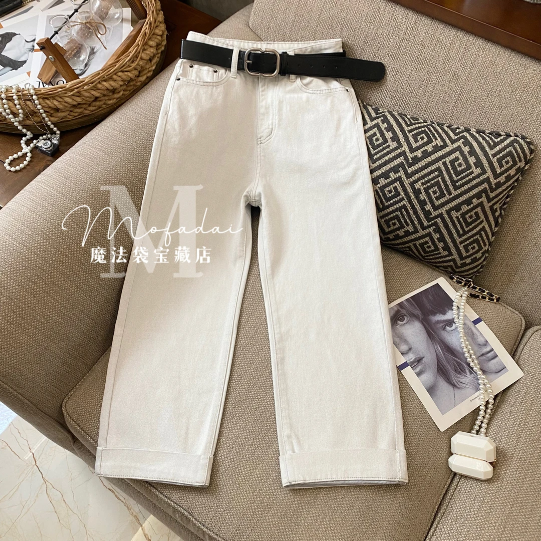 【魔法袋】老钱灰色春季新款牛仔裤女宽松弹力小皮标设计九分中筒裤