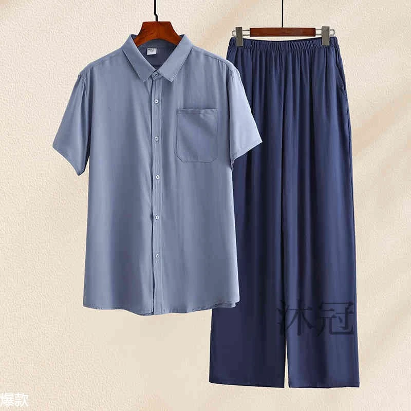 棉绸衬衫开衫套装爸爸夏季中老年人造棉短袖长裤衬衫外穿休闲家居