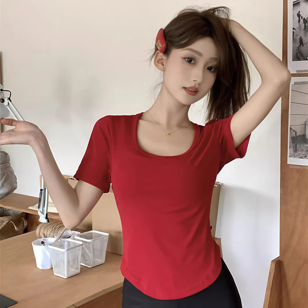 2025年新款夏季百搭款上衣辣妹小众设计下摆u型显瘦遮肚弹力短袖