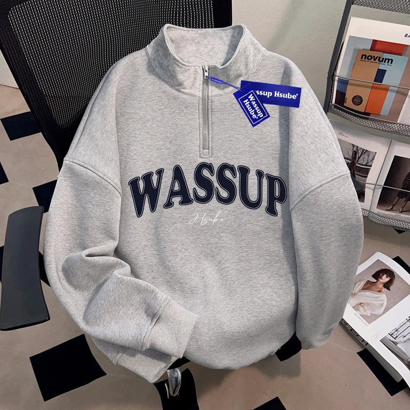 WASSUP HSUBE高街潮酷oversize立领宽松卫衣秋冬半拉链休闲上衣潮