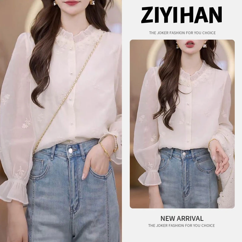 时尚刺绣蕾丝花边衬衫女士2025春秋新款百搭宽松衬衣爆款洋气女装