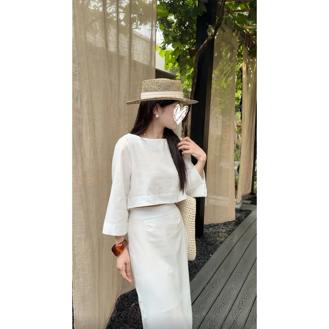【出水芙蓉】老钱度假风亚麻套头短款上衣高腰直筒半身裙套装女