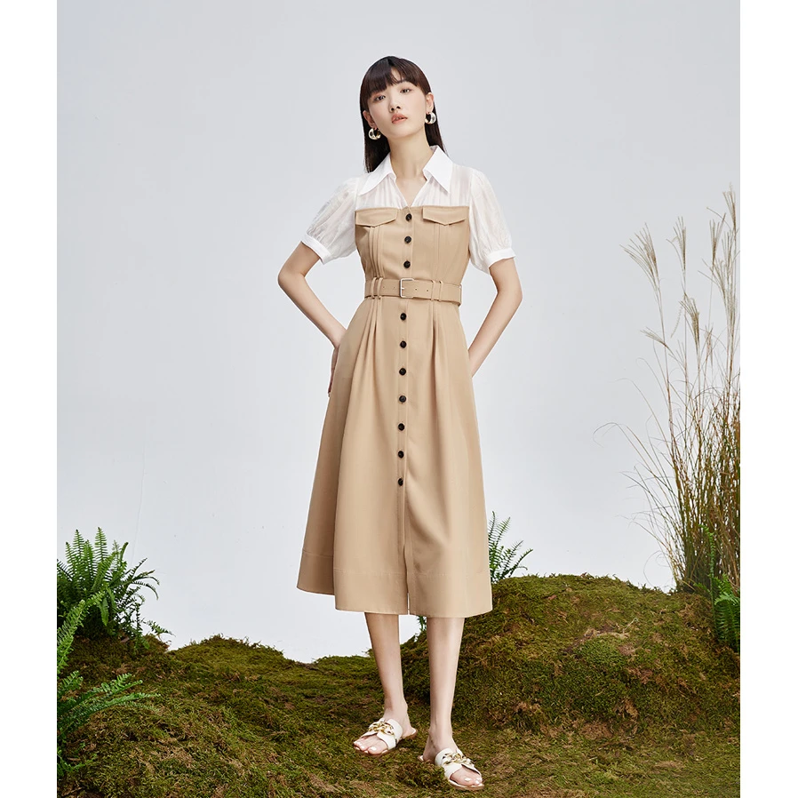 【小花专属】商场同款新品前片打褶撞色拼接连衣裙N194B32963