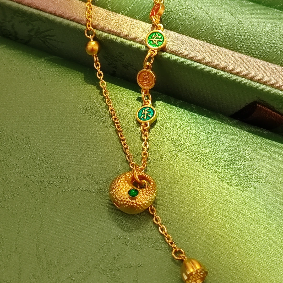 足金999珐琅绿点平安喜乐小胖坨小金坨套链女士小众套链