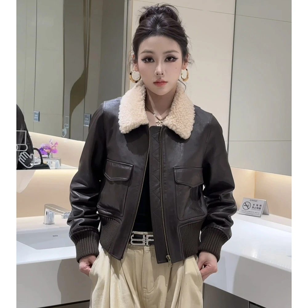 海宁高奢90白鸭绒羽绒服皮衣女装2025秋冬时尚休闲百搭短款皮夹克