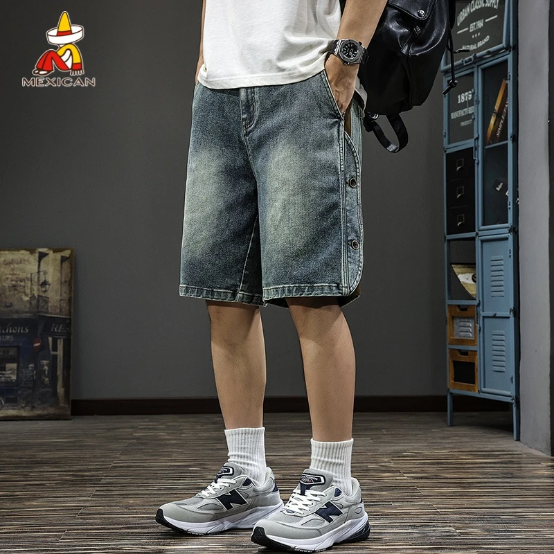Mexican/稻草人潮牌男士夏季牛仔短裤美式复古中裤宽松休闲五分裤