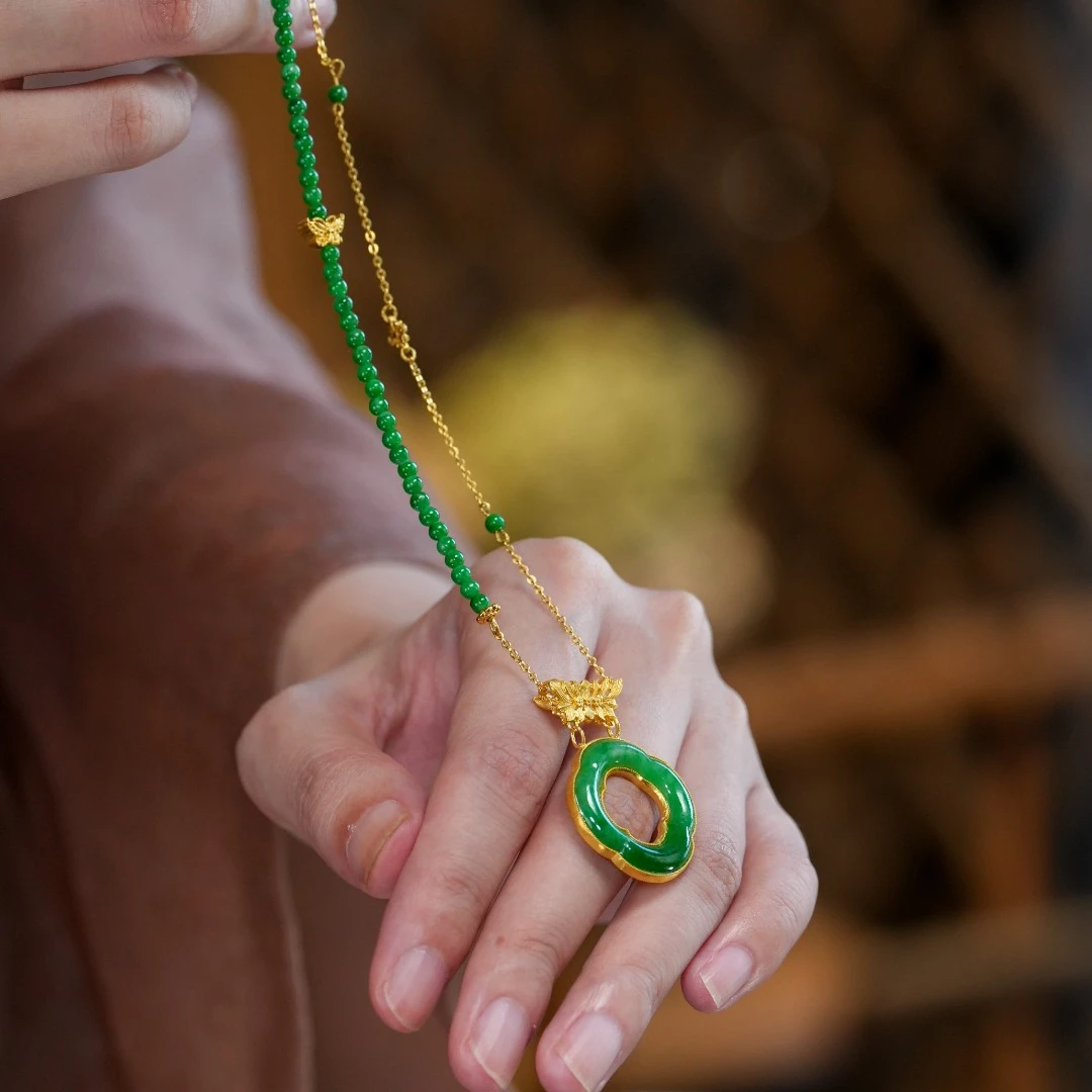 【观月】【四季海棠】24k足金镶嵌缅甸A货翡翠项链