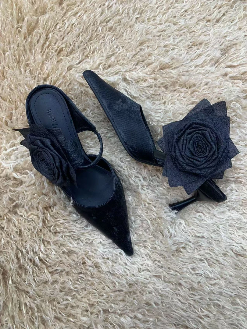 【兰兰】2025新款夏季玫瑰包头拖时尚气质百搭中跟尖头优雅