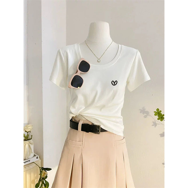 正肩U领t恤女短袖修身显瘦2025夏季设计感小众内搭打底衫收腰上衣