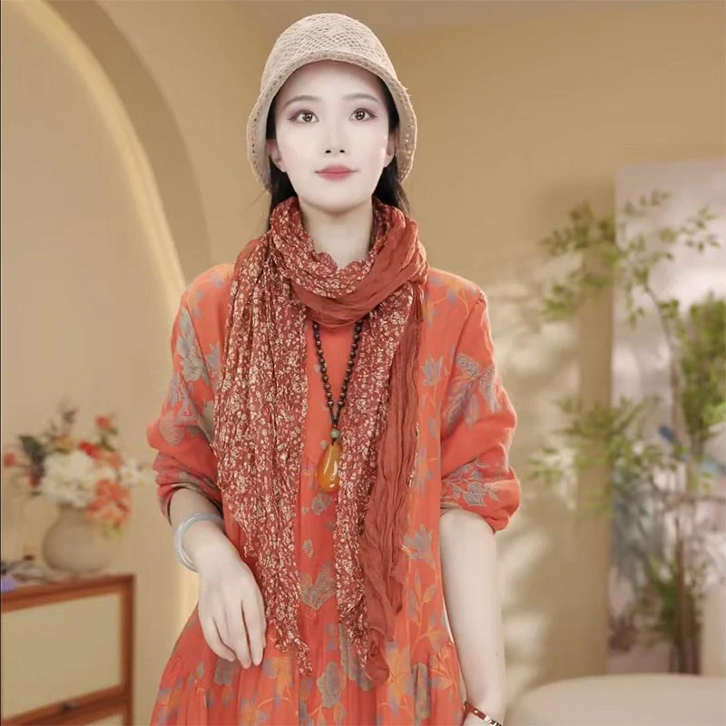 秋季拼色棉麻气质百搭围巾女