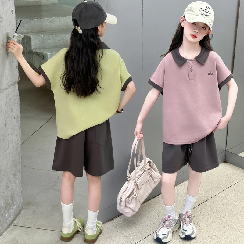 女童夏季Polo衫套装2025新款韩版中大童薄款上衣运动短裤两件套潮