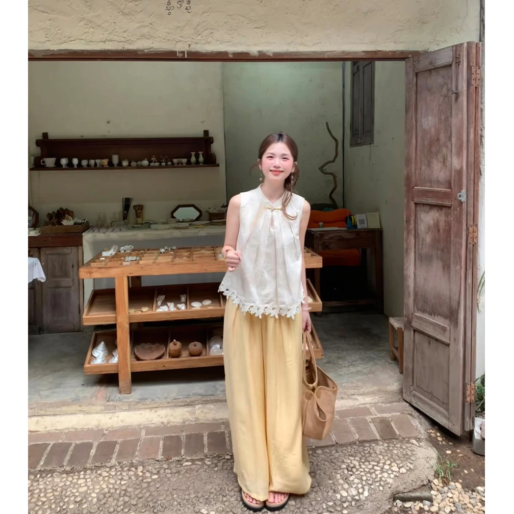 新中式国风气质套装夏季花边下摆无袖盘扣上衣直筒阔腿裤两件套女