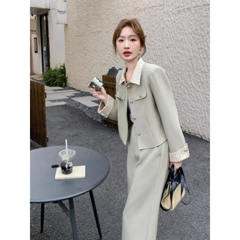 时尚高级通勤套装西装香风2025春季新款拼接外套气质阔腿裤两件套