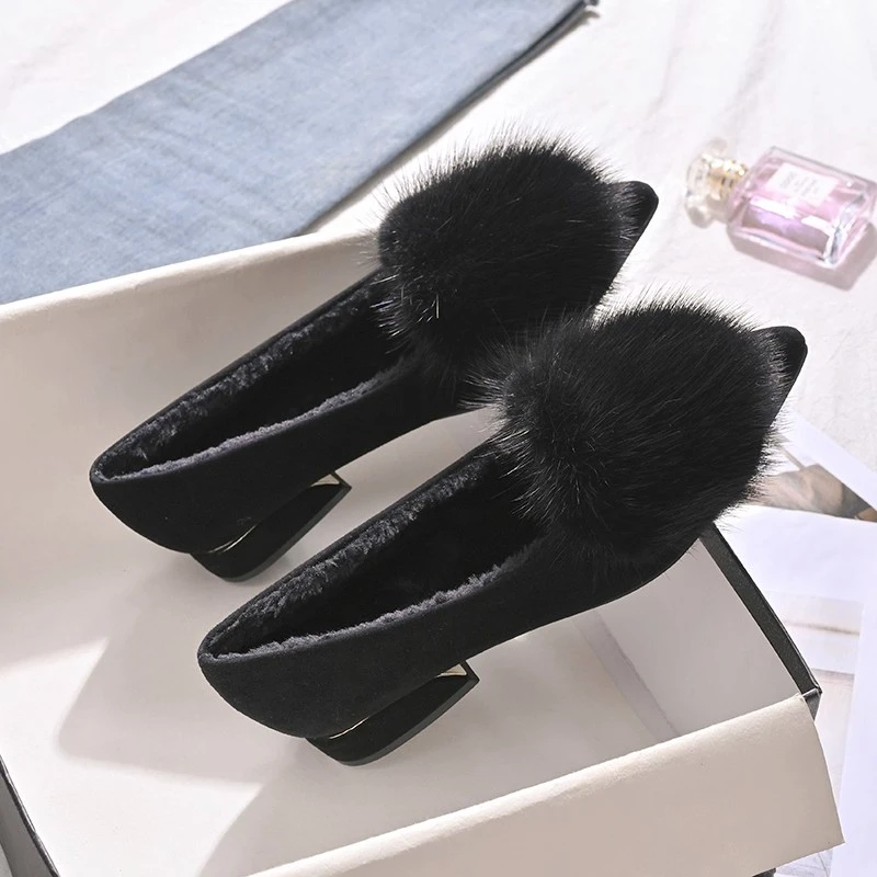 2025新款外穿毛毛鞋女鞋冬季加绒棉瓢鞋尖头中跟浅口单鞋貂毛毛女