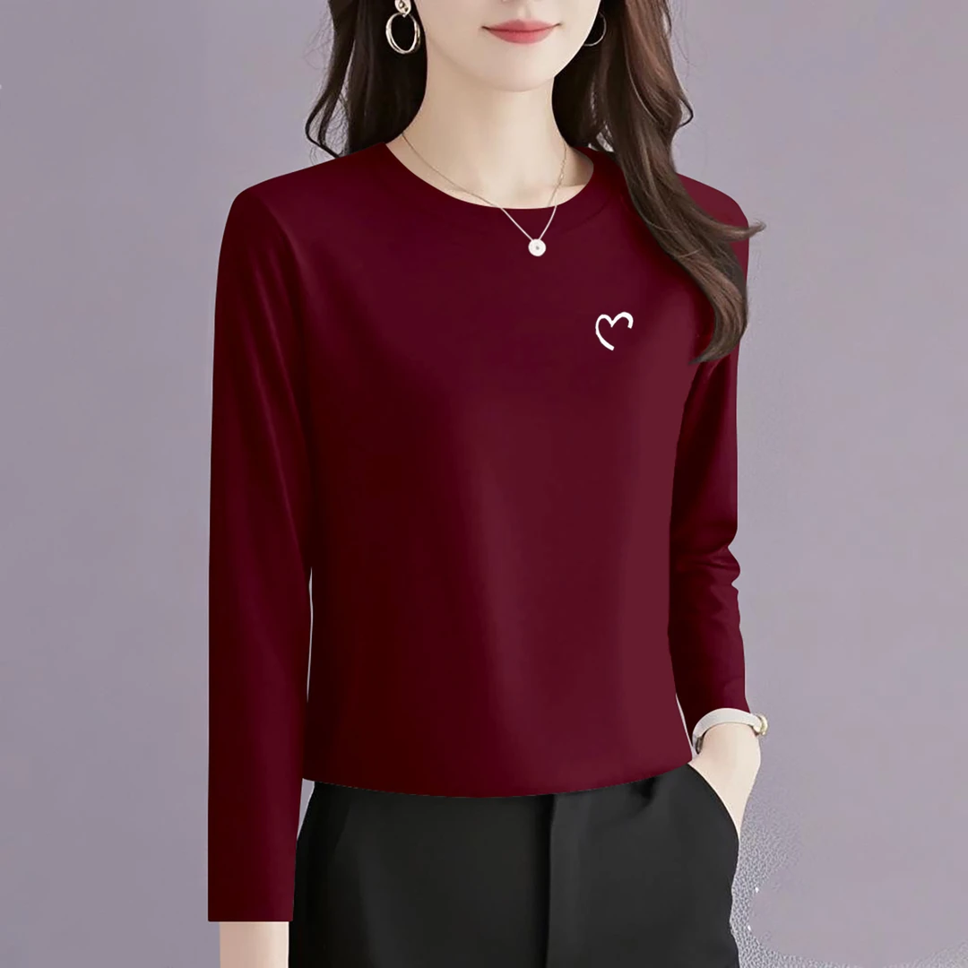 优质纯棉酒红色正肩打底衫女新款内搭秋冬修身长袖T恤短款上衣潮