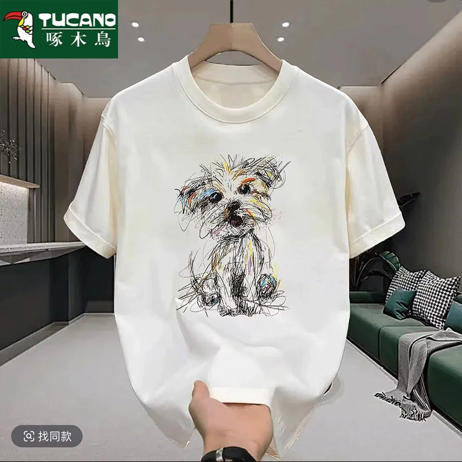 啄木鸟圆领纯棉短袖通用人字纹T恤白t恤宽松情侣印花长袖