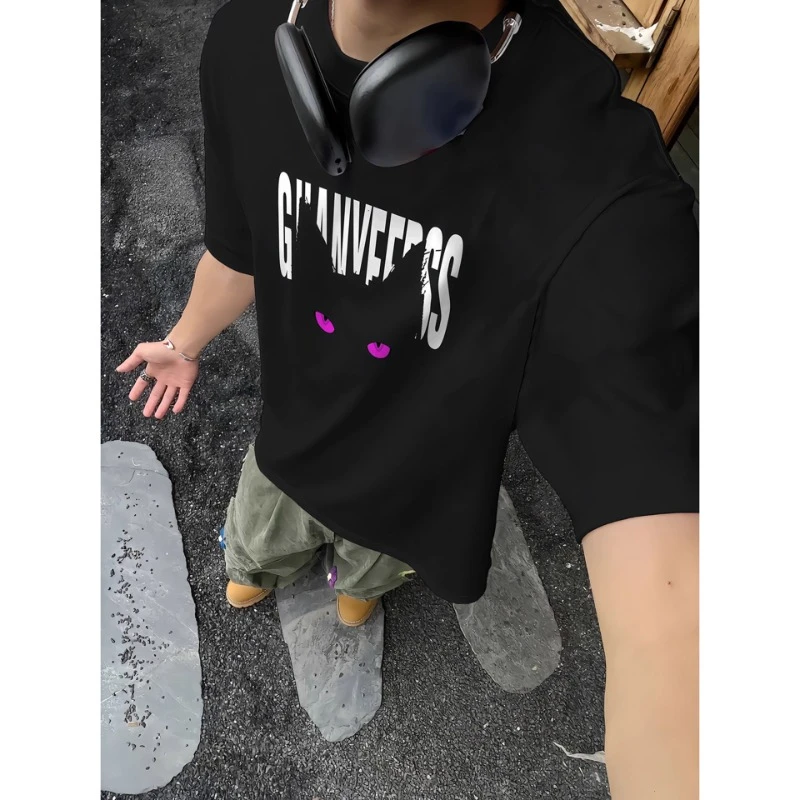 恶魔之眼猫咪t恤男夏季美式cleanfit短袖重磅正肩小领口男生半袖