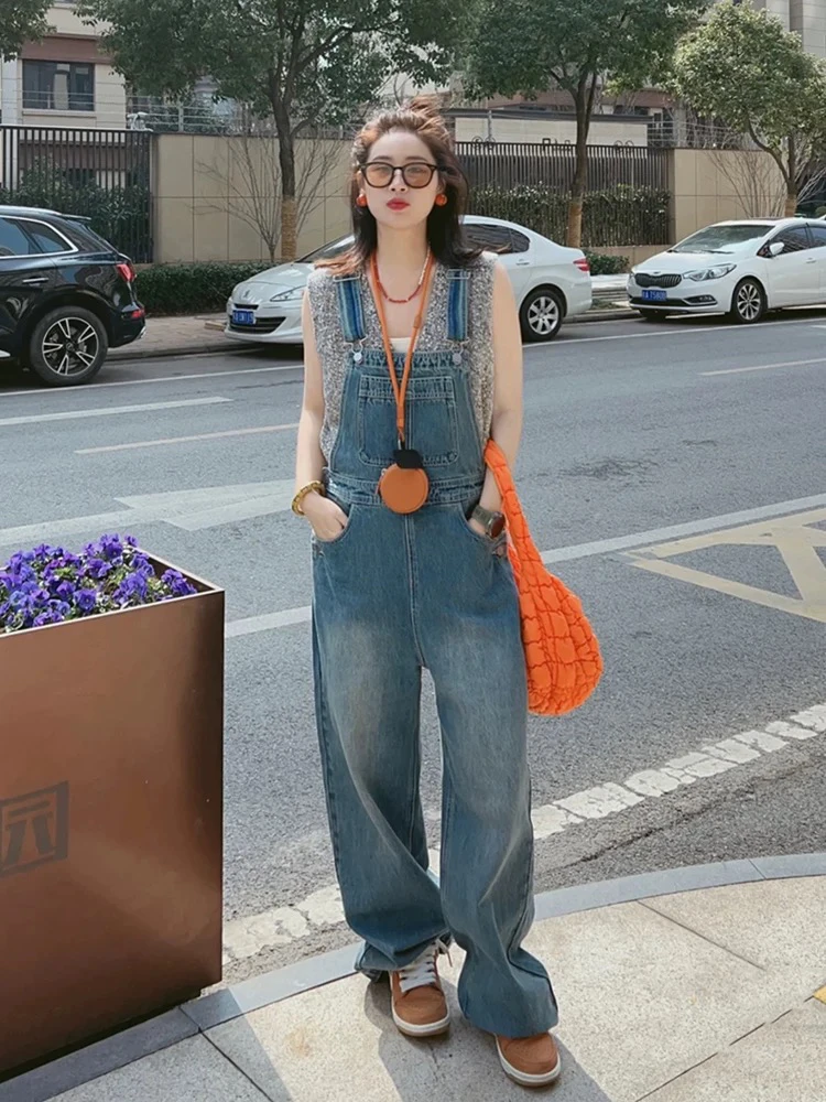 美式复古牛仔背带裤女爆款2025新款牛仔裤宽松显瘦减龄阔腿拖地裤