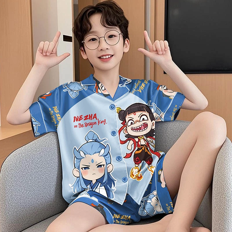 儿童睡衣男童夏季薄款夏天冰丝中大童男孩小孩家居服哪吒2025新款