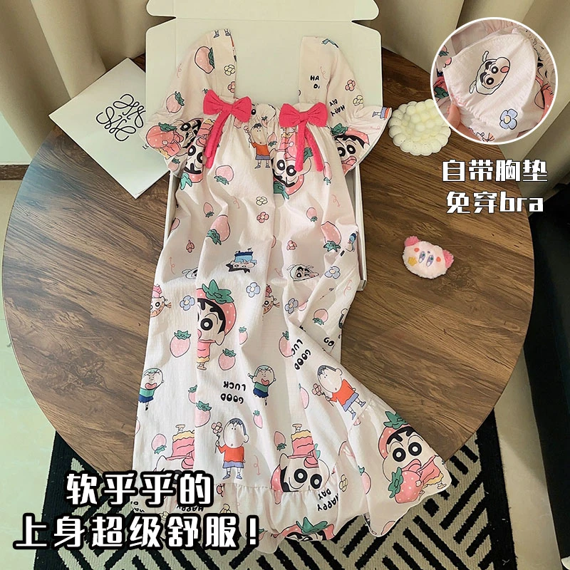 带胸垫睡裙女夏季新款梭织棉短袖卡通小新睡衣蝴蝶结夏天家居服薄
